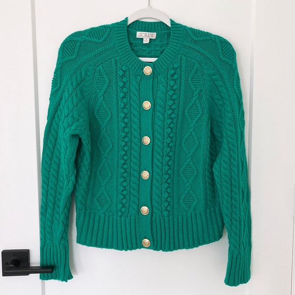 J. Crew Green Cable Knit Chunky Cardigan Sweater - M - Picture 1 of 4